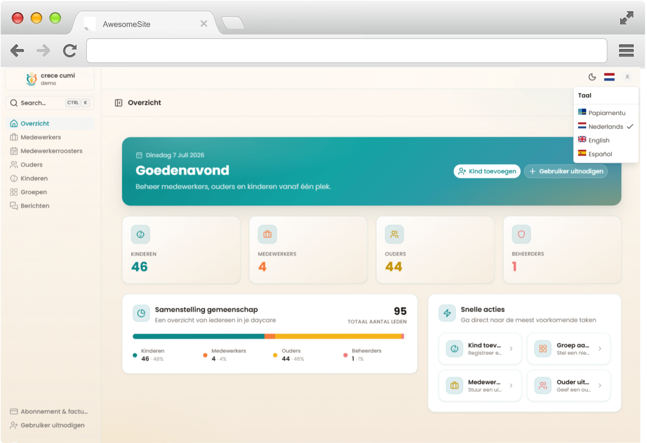 Admin-portaal dashboard van crece cumi