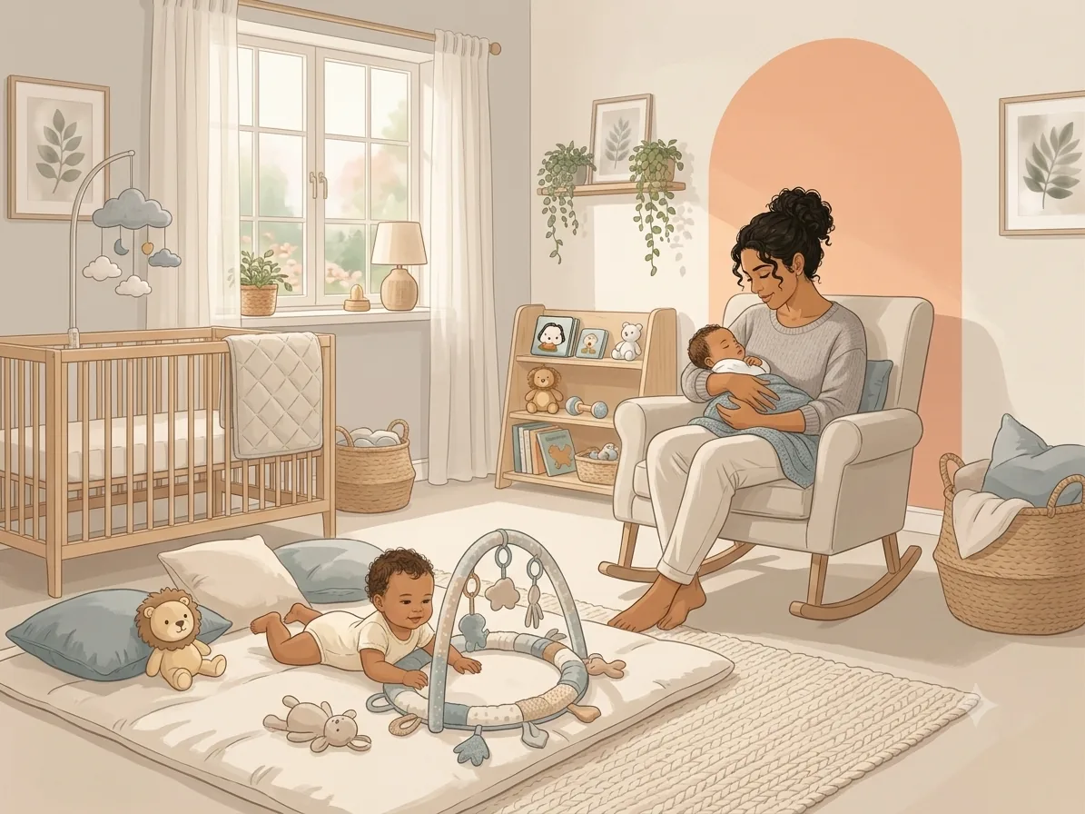 Verzorger houdt een baby vast in een rustige babykamer