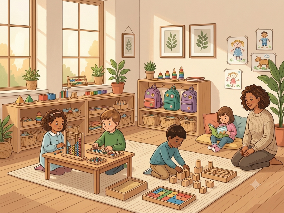 Niños trabajando con materiales Montessori de madera